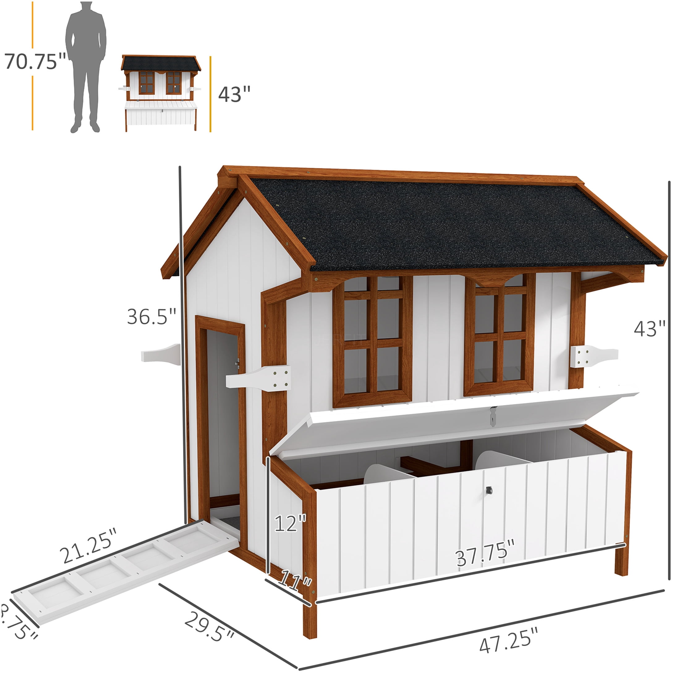 JERFIT 47 Inch Large Chicken Coop Outdoor with Wheels, Wooden Rabbit Hutch with Nesting Box, Waterproof Roof & Ramp for Hens, Ducks, Poultry