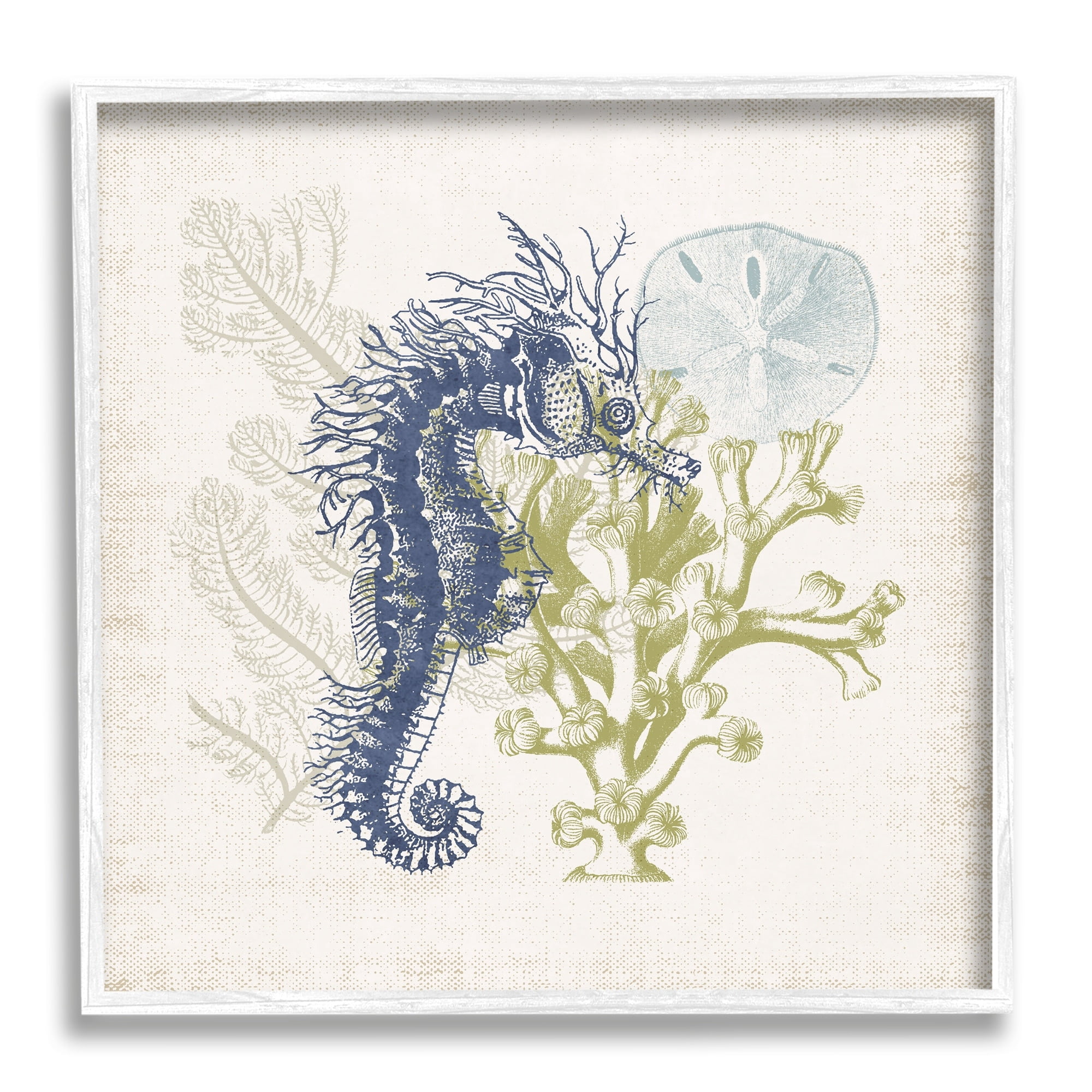 Stupell Industries Intricate Seahorse Overlay Sand Dollar Coral Botanicals Graphic Art White Framed Art Print Wall Art, Design by Victoria Barnes