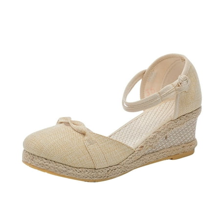 

Lovskoo 2024 Women s Wedge Shoes Closed Toe Summer Plus Size Clasp Solid Color Straw Woven Linen Wedge Sandals Beige