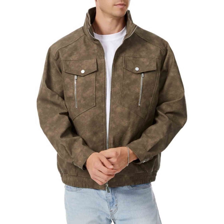 zfwon Faux Leather Jacket for Men Oversized Stand Up Collar Coats