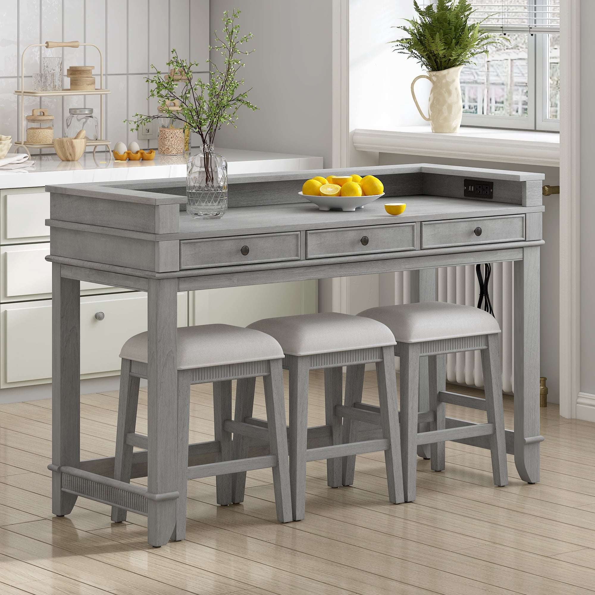 Harper & Bright Designs 4 Piece Bar Table Set for 4, Kitchen Dining Stools Set with 3 Upholstered Stools with 3 Drawers and USB Port, Gray