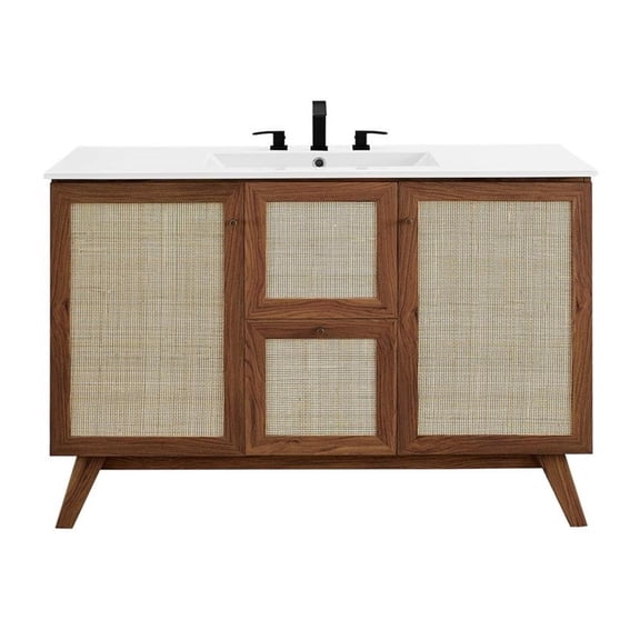 Pemberly Row 48" Single Sink Modern Wood Bathroom Vanity in Walnut/White