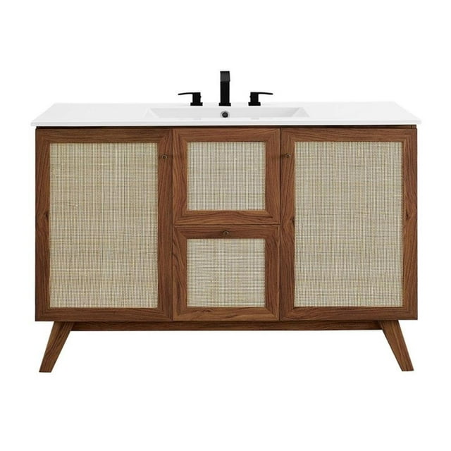 Pemberly Row 48" Single Sink Modern Wood Bathroom Vanity in Walnut/White