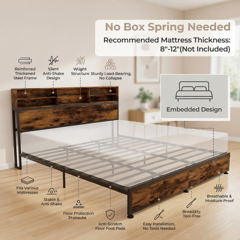 Demi Bonn King Size Bed Frame with Wooden Headboard and Footboard, Industrial Metal Platform Bed Frame with Under Bed Storage, No Box Spring Needed, Brown