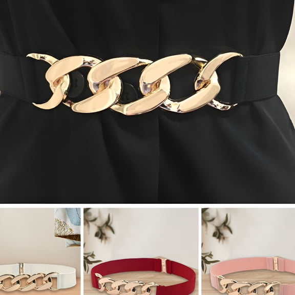 TELOLY Waist Belt Golden Polished Metal Chain Buckle Elastic Elegant Wide Women Dress Shirt Coat Belt Clothing Accessories Black One Size