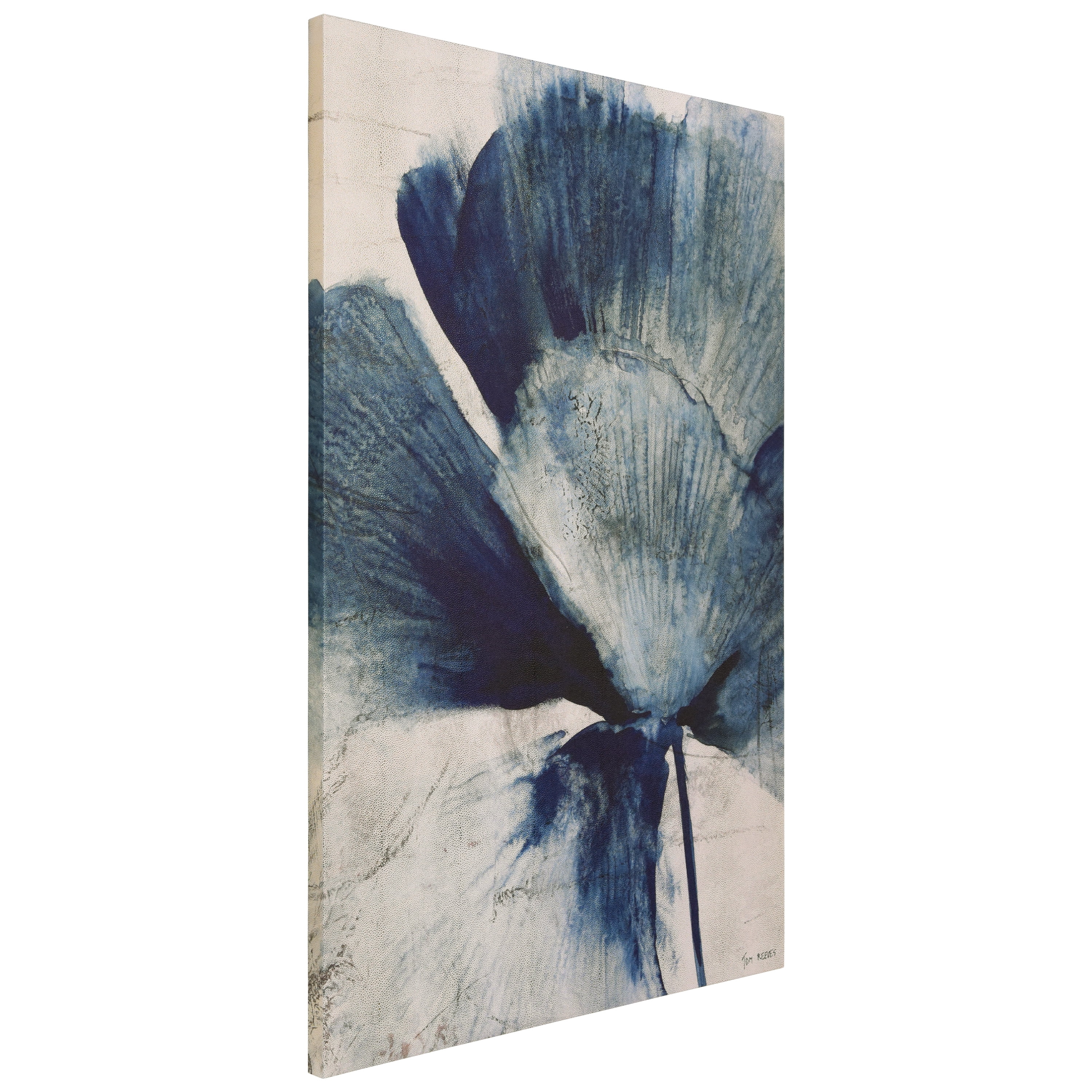 "Azure Bloom", Blue Flower Rendered on Gold Shagreen Wrapped Canvas Wall Art, sized 60"x40"