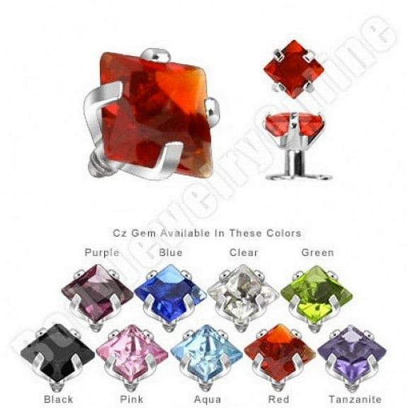 Prong Set Square CZ Jewel Internally Threaded Dermal Top - SAS32