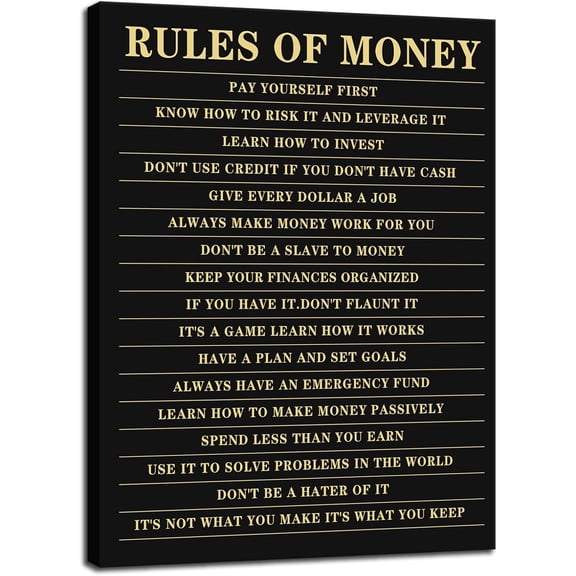 VELVET Wall Art Motivational Rules of Money Postersspirational Wall Decor Motivational Canvas Wall Art Success Picture Quote Painting Prints Artwork for Studio Office Decor Wooden 12x16inch Framed