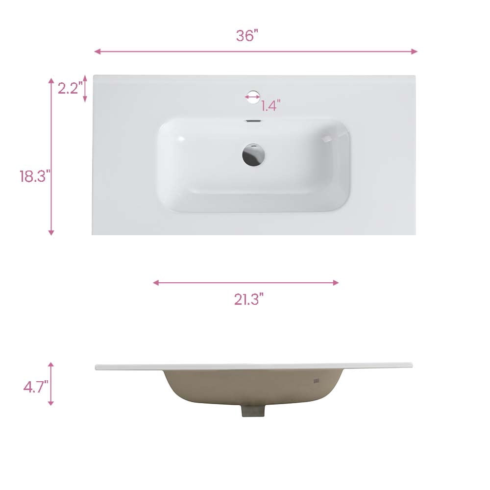 CITTANEO 36 inch Integrated White Ceramic Basin, Vessel Bathroom Vanity Sink with one predrilled faucet hole, drain assembly NOT included