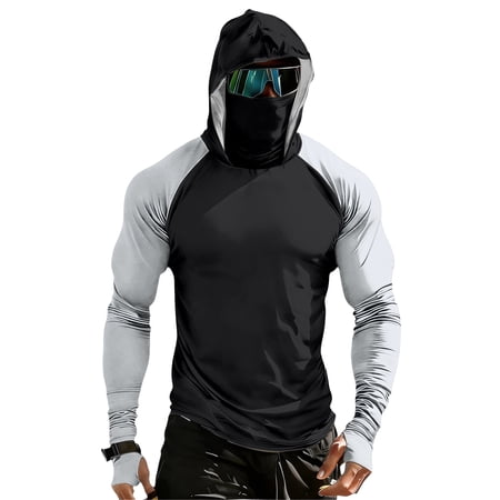 Men s UPF 50+ Sun Protection Compression Hooded Shirt Slim Fit Long Sleeve Color Block Rash Guard with Integrated Face Mask for Fishing and Hiking