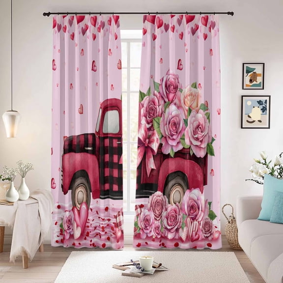 Valentine's Day Blackout Curtains for Bedroom/Living Room, Pinch Pleated Black Out Curtains, Romantic Love Roses Truck Ombre Pink Room Darkening Window Drapes with Hooks 2 Panels, 59"x70"