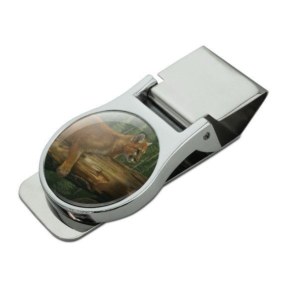 Cougar Mountain Lion on Fallen Tree Satin Chrome Plated Metal Money Clip