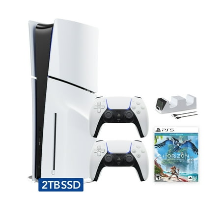 PlayStation 5 Slim Disc 2TB SSD Edition Horizon Forbidden West Bundle with Two DualSense Controllers and Mytrix Dual Controller Charger - PS5 Gaming Console