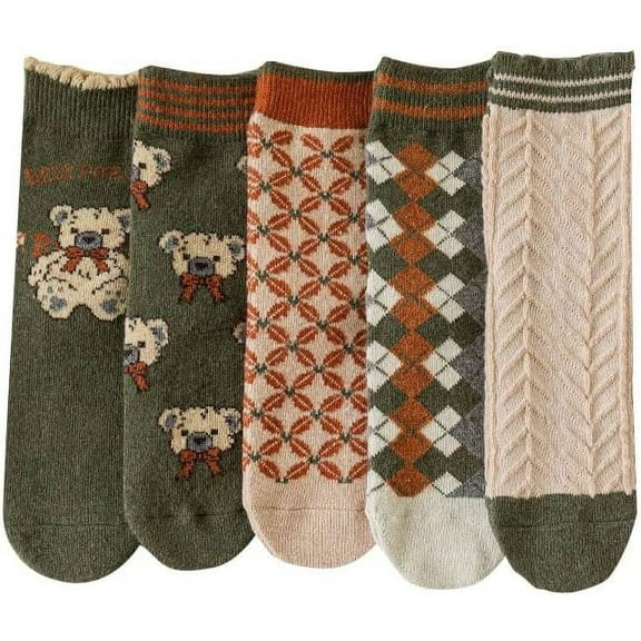 5 Pairs Wool Socks for Women Thick Knit Cozy Vintage Cute Animal Floral Crew Socks