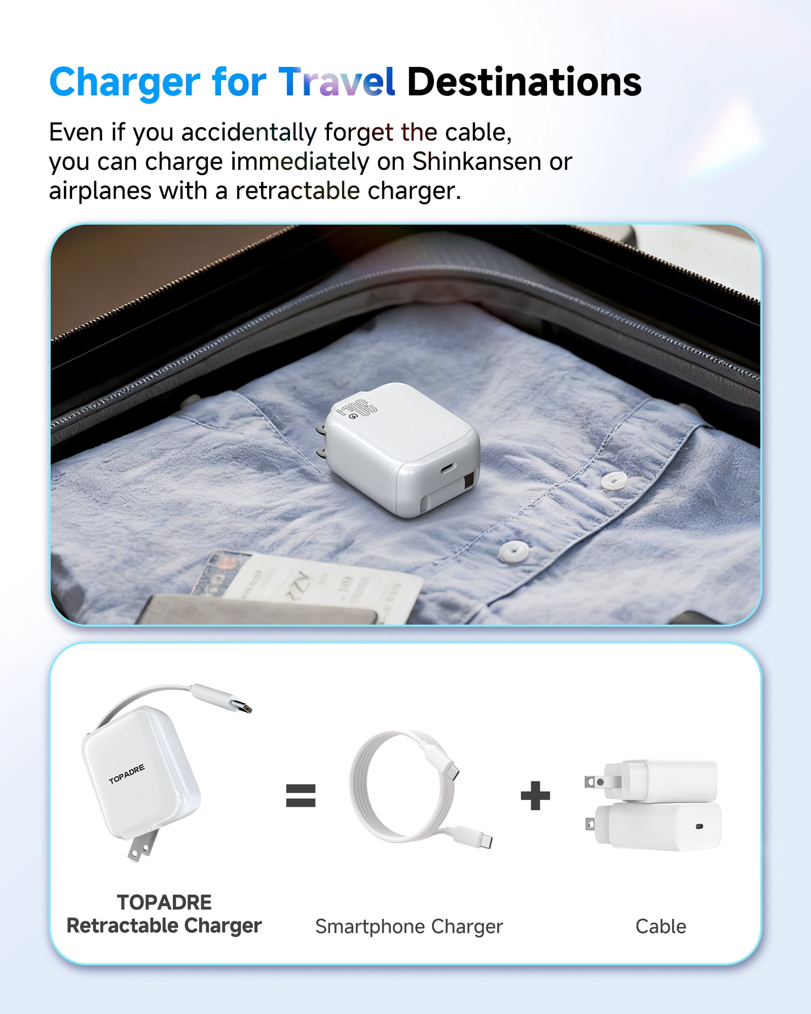 Topadre 2-Pack 30W Retractable Cable USB-C Charger, Foldable plug, for iPhone 17/16/15/Pro/Pro Max, Samsung Galaxy, iPad Series - White