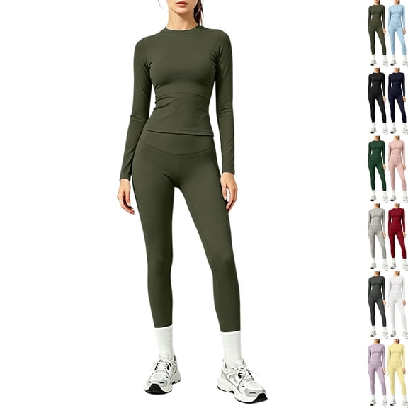 Women's 2 Piece Yoga Sets Long Sleeve Crew Neck Tee Tummy Control High Waist Athletic Leggings Summer Fall Gym Training Outfits Army Green L