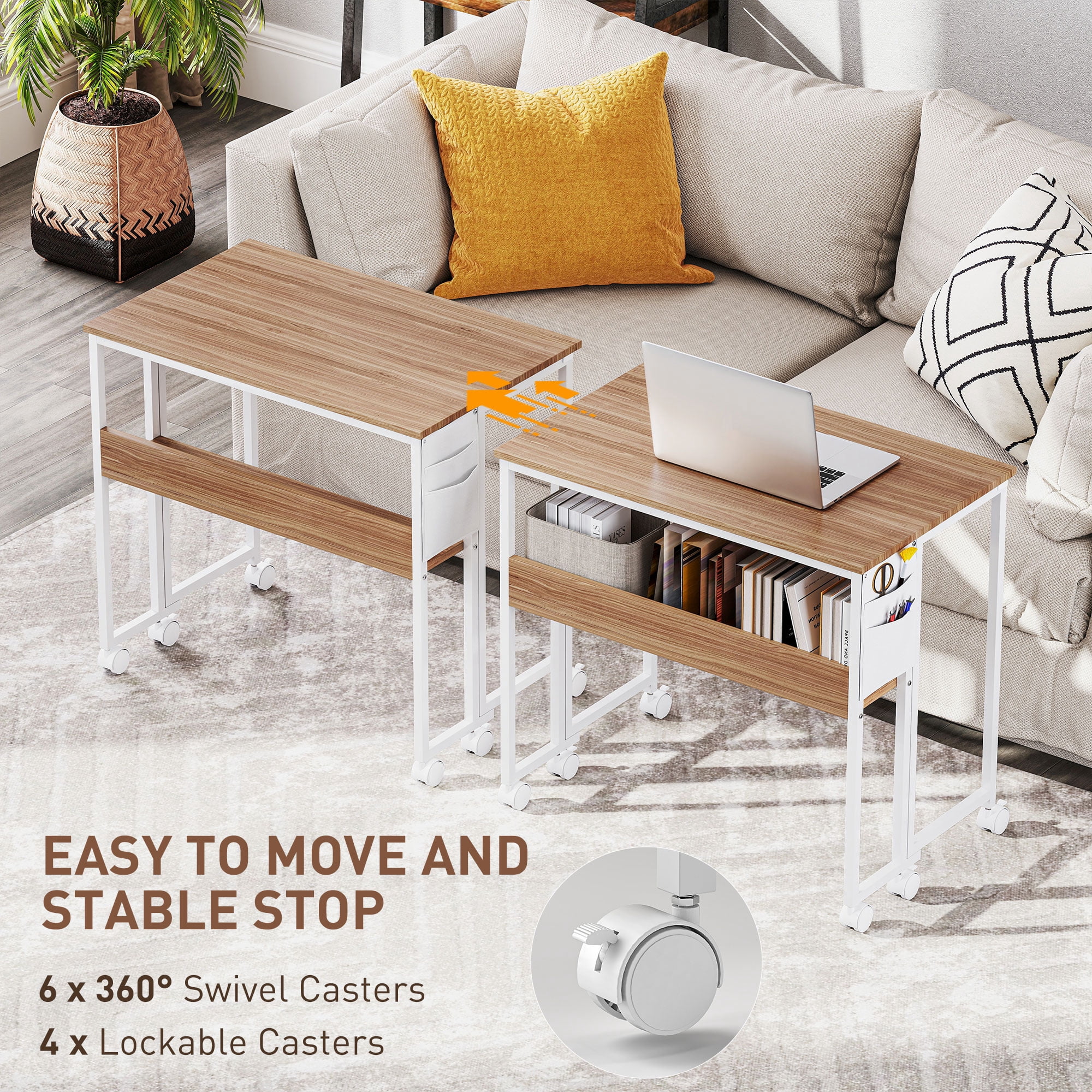 HOMCOM Small Folding Desk, 31.5" Foldable Computer Desk with Storage Bag, Shelf and Wheels for Small Spaces, Home Office, Easy Assembly, Natural Wood