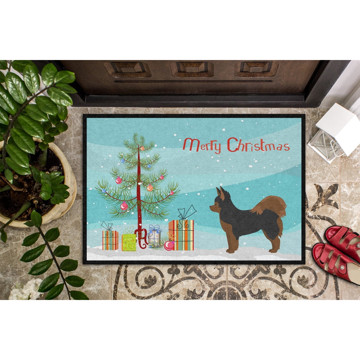 Black and Tan Pomchi Christmas Tree Door Mat
