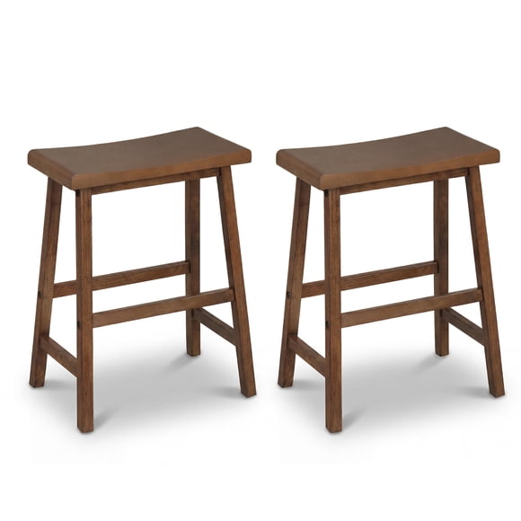 Gymax Solid Wood Saddle Bar Stools Set of 2 Backless Wooden Barstools w/Footrests Brown