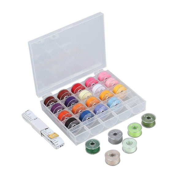 25 bobinas para máquina de coser, carretes e hilo de coser de colores surtidos con cinta métrica en estuche de plástico transparente.