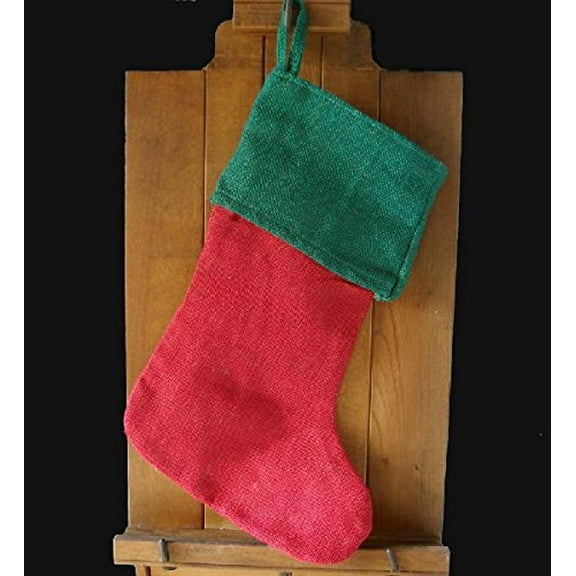 AK-Trading Burlap Jute Red & Green Holidays Christmas Stockings - Pack of 12 - Red Burlap Stocking with Green Cuff (8" x 17"H x 12" Foot)