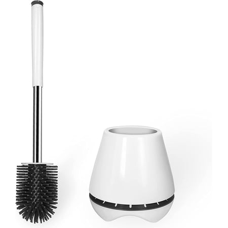 Toilet Brush And Holder Set – Silicone Bristles, Built-in Tweezers | Bathroom Cleaning Kit In White