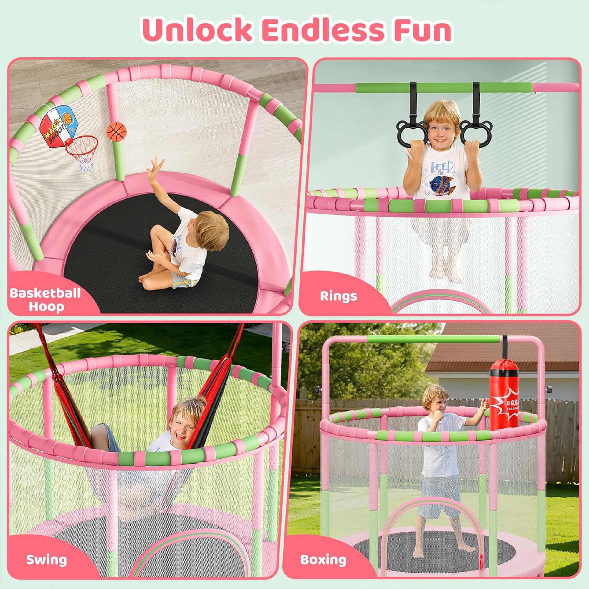 Toremore 55" Trampoline for Kids with Enclosure, 6-in-1 Kid Trampoline Indoor & Outdoor, Toddle Trampoline with Adjustable Gymnastics Bars, Pink