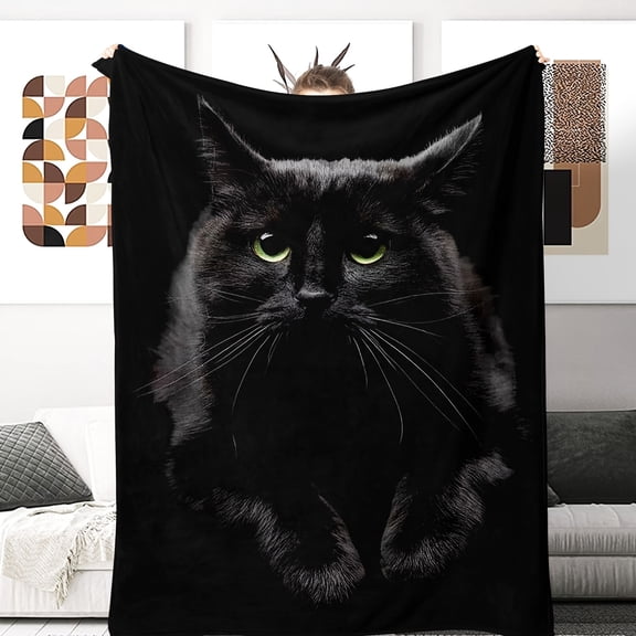 1pc Cozy Cat Blanket Soft Cozy 1pc Charming Black Cat Flannel Throw Blanket All Season Home Decor Gift with Realistic Cat Print Perfect for Cat Lovers