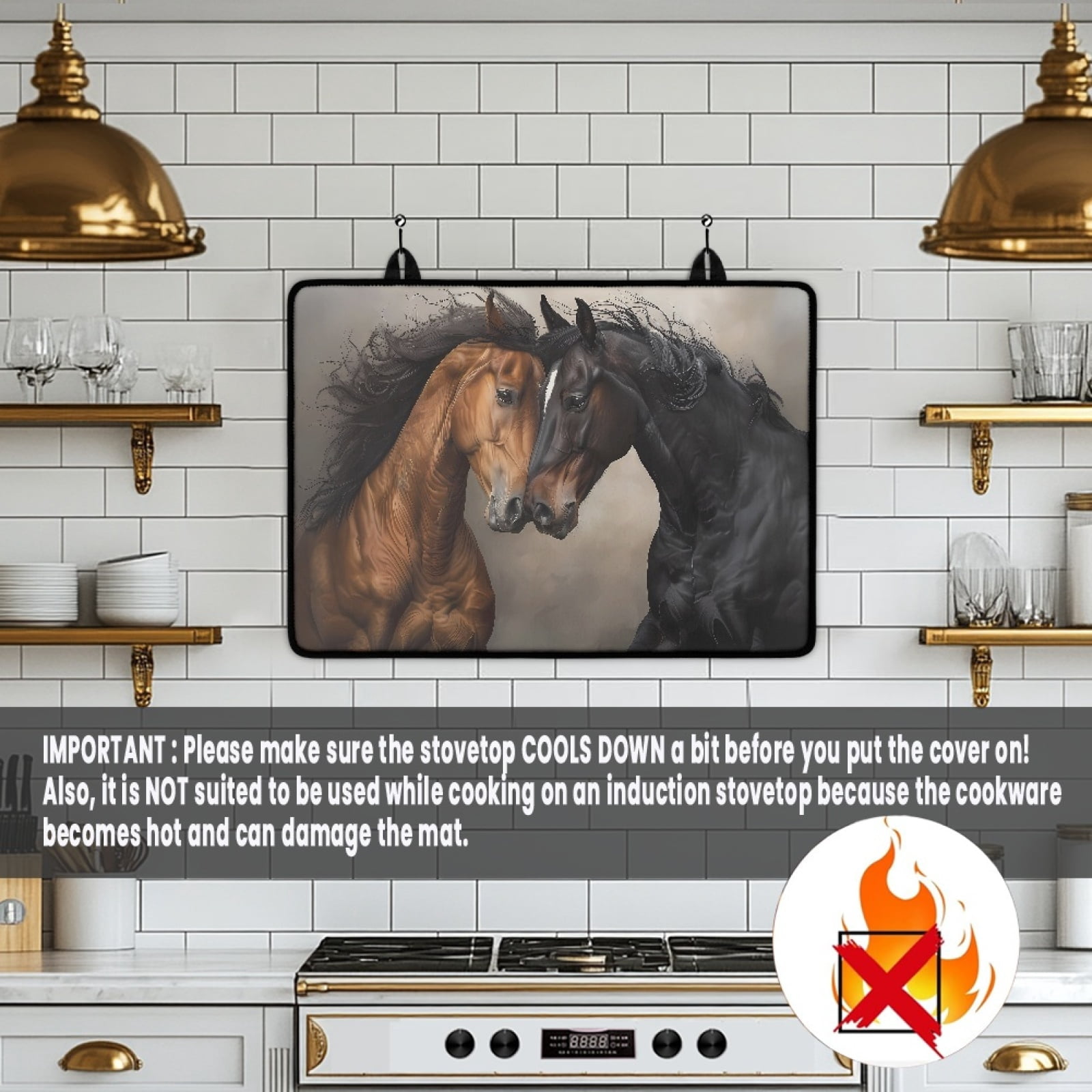 Renewold Stove Top Cover Non-slip Electric Glass Stove Mat Oil Resistant Flat Top Oven Protector Versatile Stove/Counter/Washer Top Protector Mat, Brown Black Horse