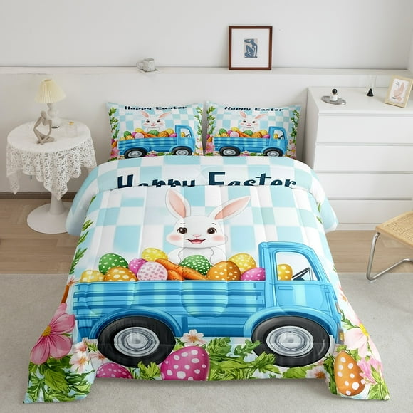 Erosebridal Happy Easter Comforter Set Cute Rabbit Animal Print Bedding Comforter Sets Toddler Size, Easter Bunny Truck Bedding For Kids