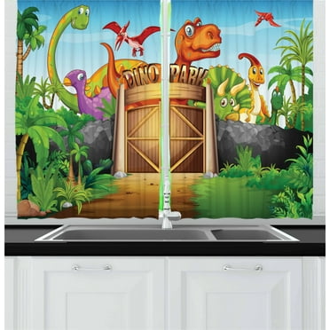 Ambesonne Zoo Kitchen Curtains, Wild Dinosaurs Park Door, 55"x39", Multicolor