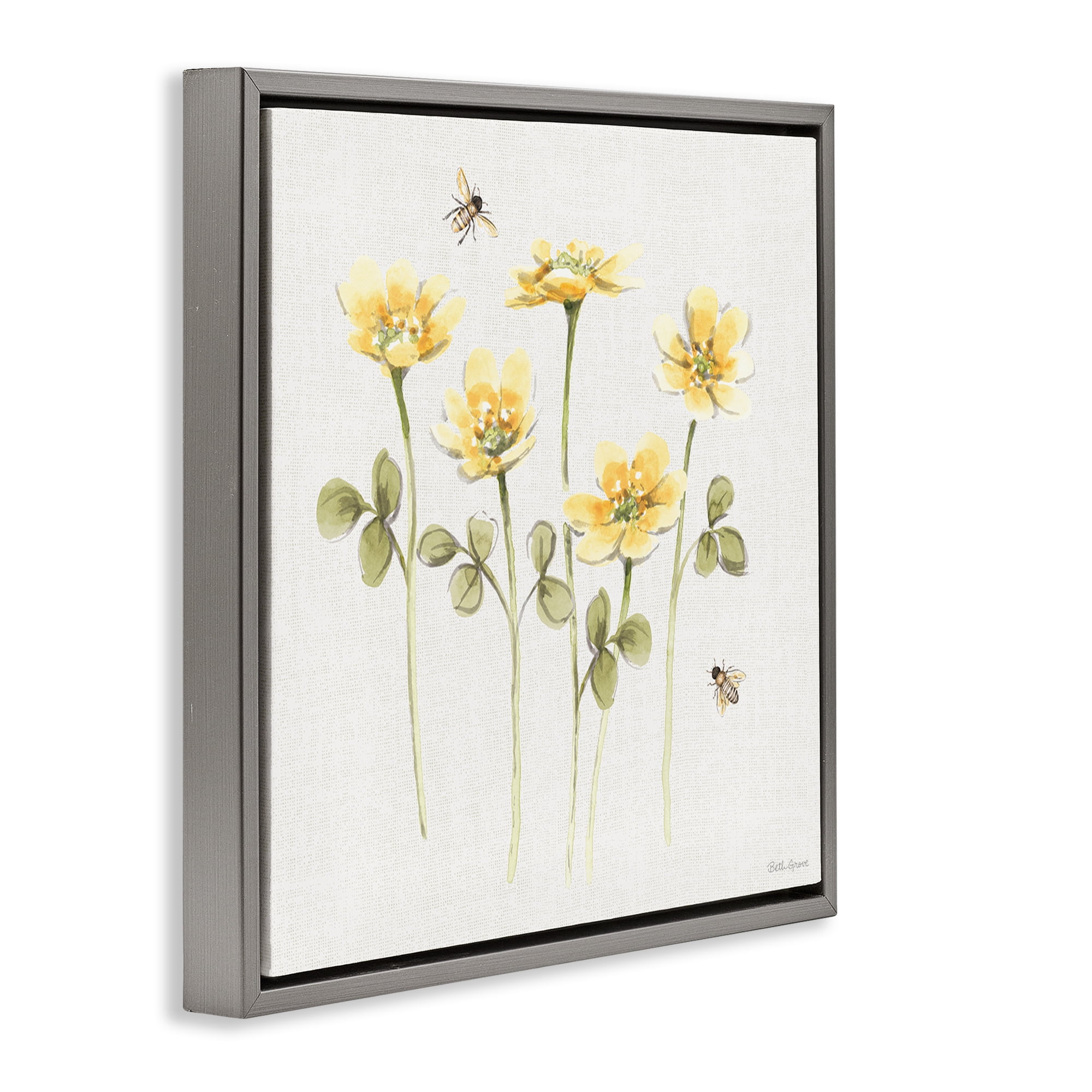 Stupell Industries Sweet Yellow Honey Flowers Gray Framed Floater Canvas Wall Art, design by Beth Grove