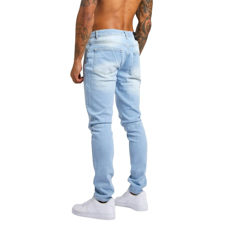Men Skinny Jeans, Fashion Low-Waist Slim-Fit Streetwear, Light Blue/Black Walmart.com