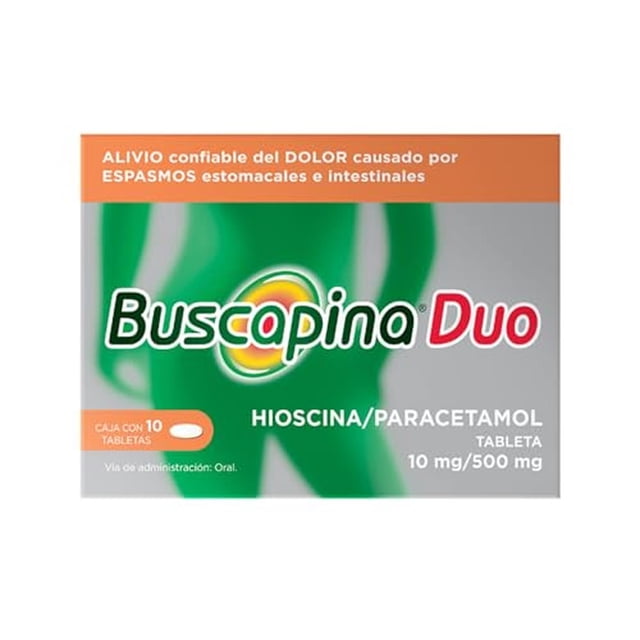 Buscapina Duo alivia dolor de panza. Hioscina 10 mg / Paracetamol 500 mg 10 tabletas