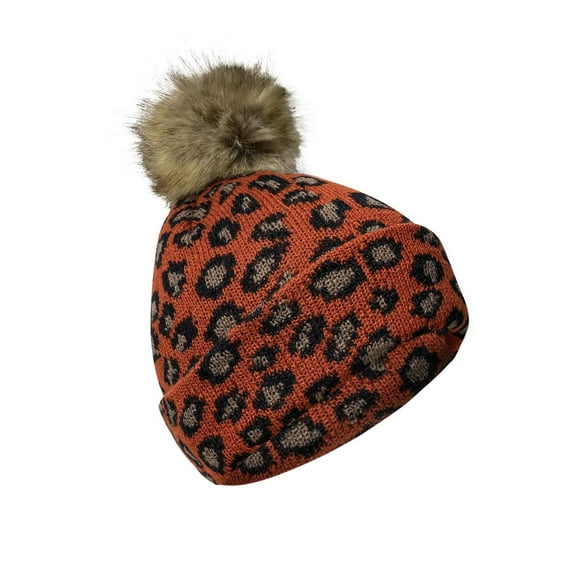 Women's Knit Hat Winter Leopard Warm Hat Print Fashion Pompom Ball Hat Warm Knit Beanie, Brick