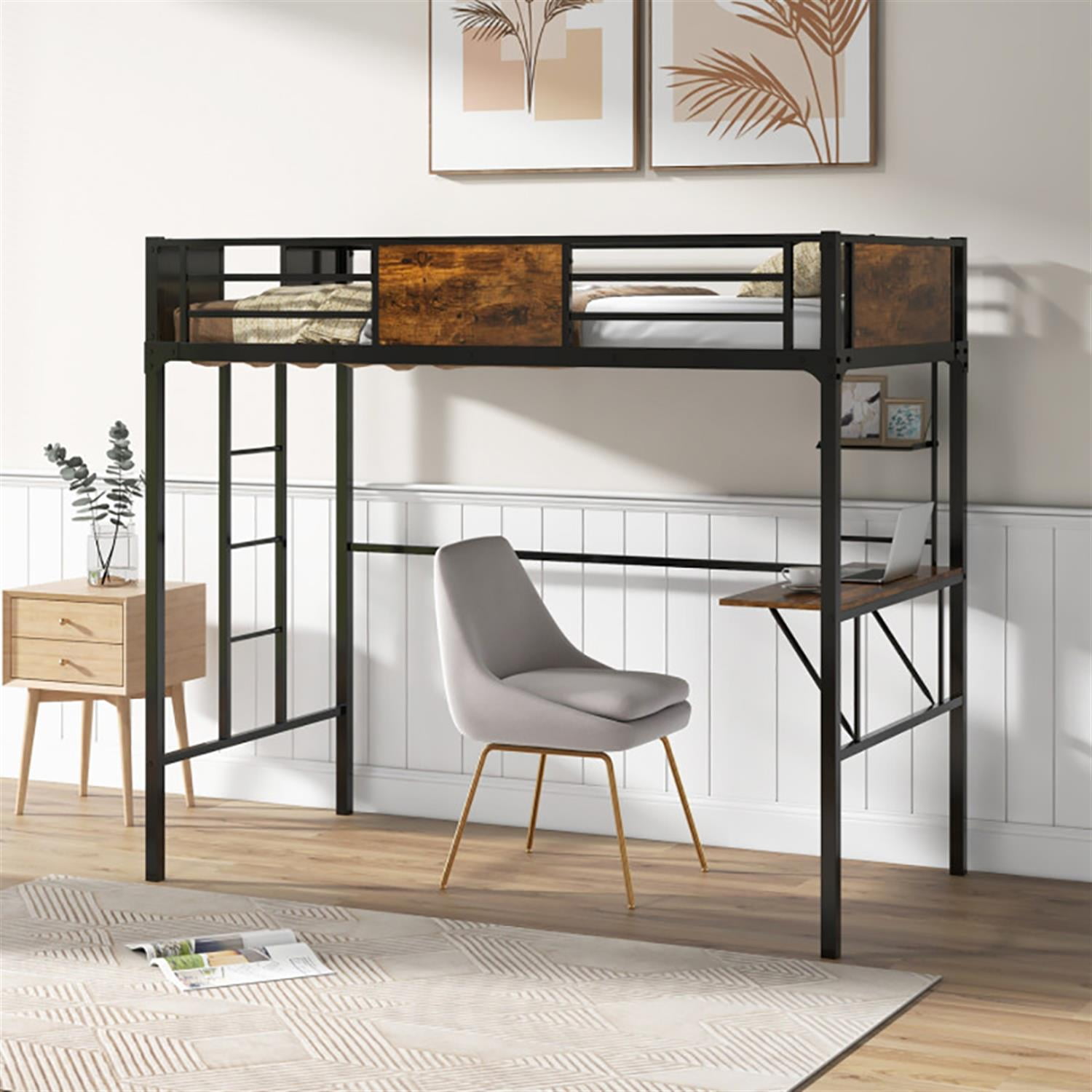 Demi Bonn Twin Size Industrial Metal Loft Bed with Desk Storage Shelf and Build-in Ladder for Teens, Black