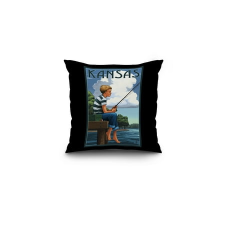 Kansas - Boy Fishing - Lantern Press Artwork (16x16 Spun Polyester Pillow, Black
