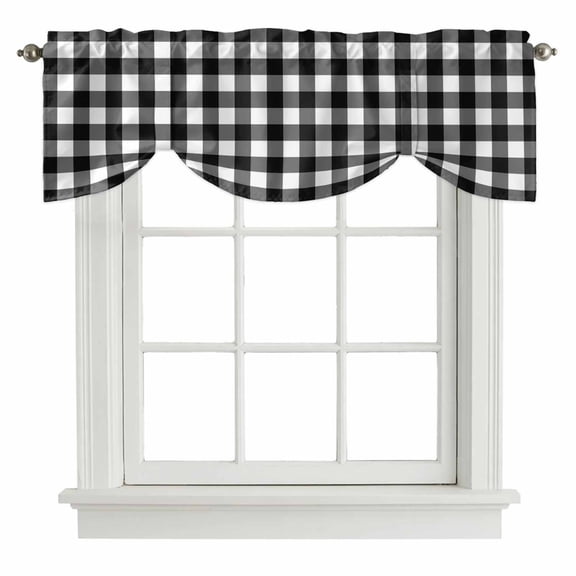 Tie Up Valances for Windows, Black White Plaid Adjustable Valance Curtains Window Treatment for Living Room, Modern Simple Buffalo Check Gingham Rod Pocket Kitchen Curtains & Drapes 42x18 Inch