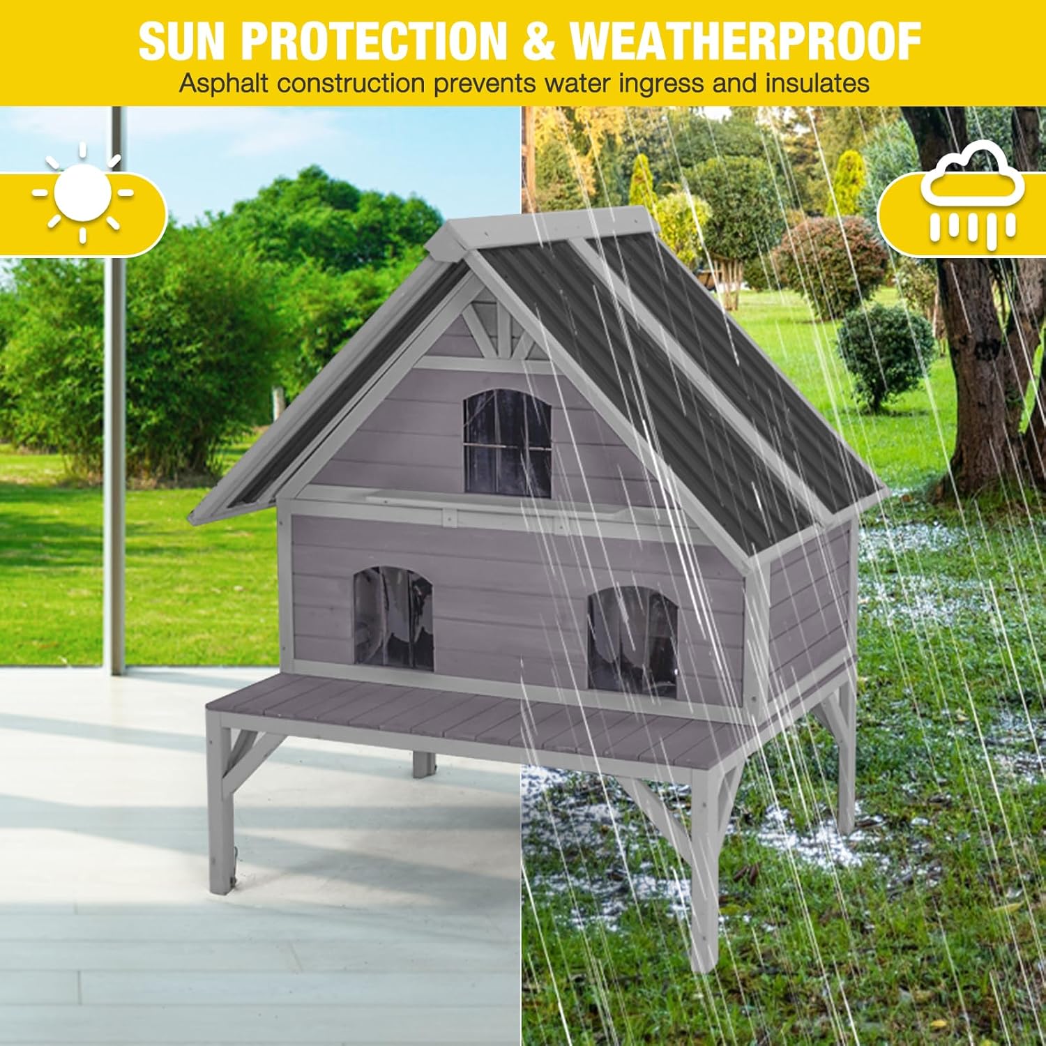 Aivituvin Large Outdoor Cat House Weatherproof 2-Story Wooden Feral Cat Shelter Cat Condo for Winter with Waterproof Roof, Large Porch Balcony, Escape Doors (Easy-Access Design)