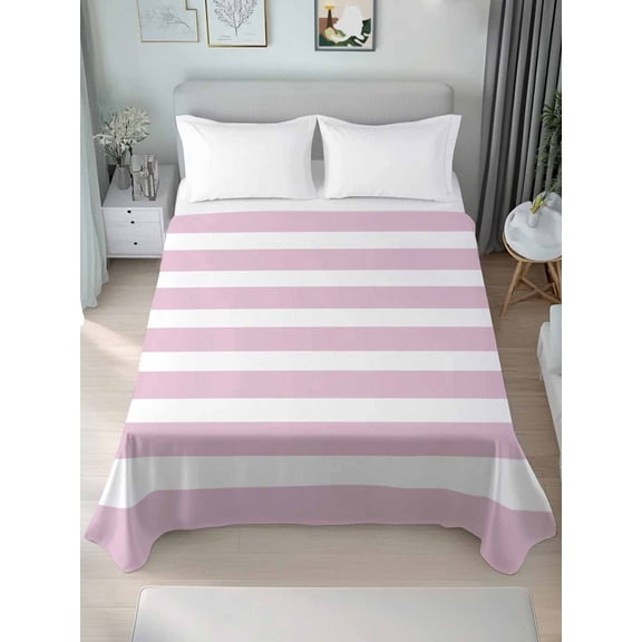 Pink Stripe California King Size Flat Sheet, Wrinkleproof & Fadeproof Cooling Flat Bed Sheet Only, Modern Simple Geometric White Striped Breathable Soft Bedding Top Sheets 108 x 98 Inches