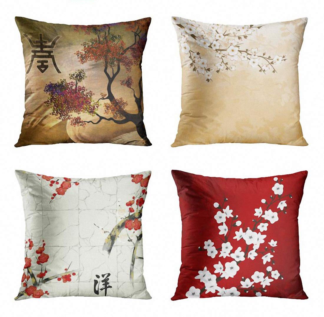 Popeven Set of 4 Throw Pillow Covers Japanese Zen Tree Chinese Eastern