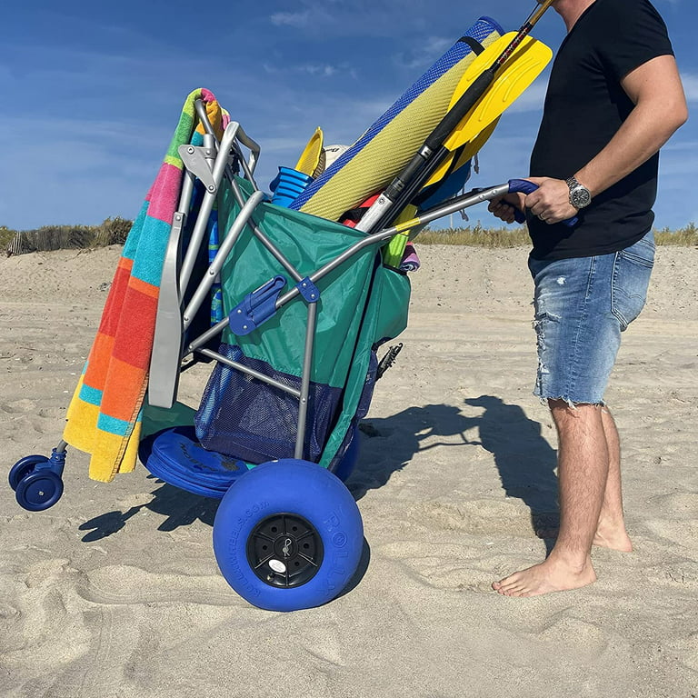 RollX Beach Cart with Big Balloon Wheels for Sand, Foldable Storage Wagon  with 13 Inch Beach Tires ( Pump Included) (Seafoam)