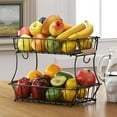 thumbnail image 3 of Wetheny 2-Tier Fruit Basket Bowl Vegetable Storage with Banana Hook and Wooden handle for Kitchen Counter, Double Storage Wire Metal Basket for Bread Snacks Onions Potatoes Black, 3 of 5