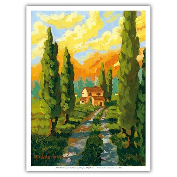 Italian Earth - Italy - Italian Villa Cypress Trees - From an Original Watercolor Painting by Robin Wethe Altman - Master Art Print (Unframed) 9in x 12in