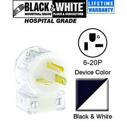 Leviton 8415-CAT Plug, Angle 6-20P 20 Amp 250 Volt Hospital Black and White - Black-White