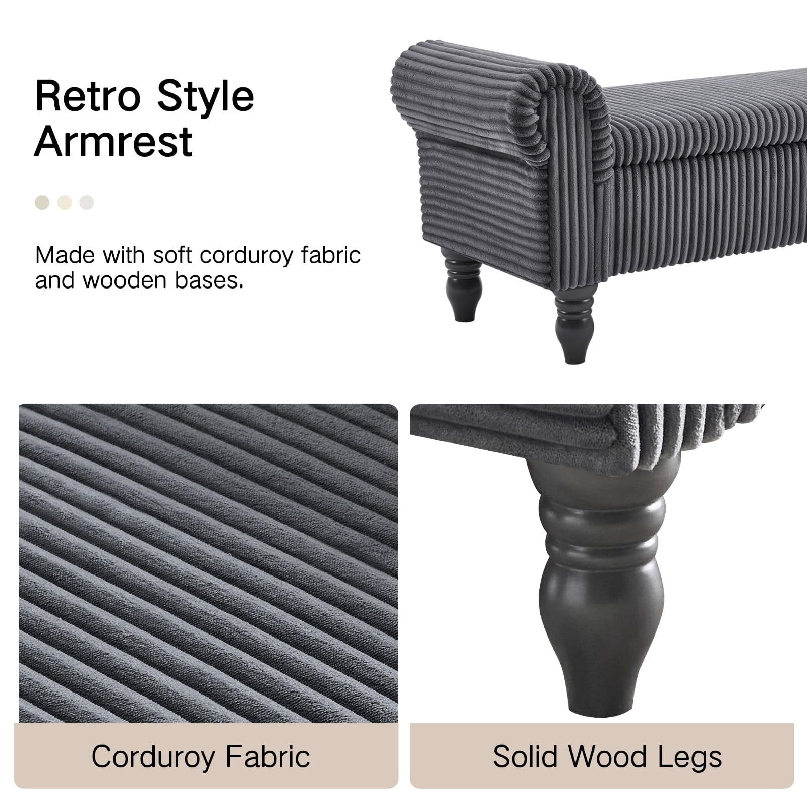 51.5" Storage Ottoman Bench, Upholstered Corduroy End of Bed Bench with Hidden Storage for Bedroom, Entryway & Living Room, Dark Gray
