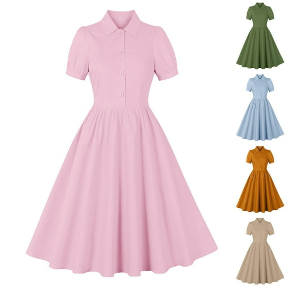 Ashirexll Midi Dresses for Women, Womens Summer Dresses, Women Fashion Solid Color Short Sleeve Dress Mid-Length Crew Neck Casual Shirt Dress
