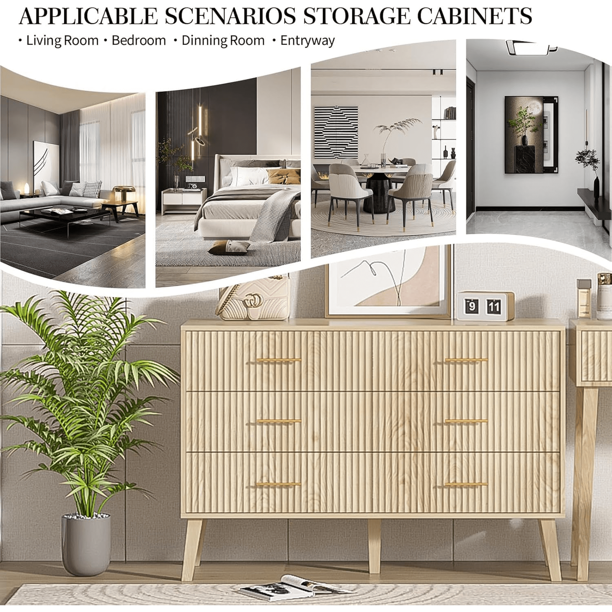 6 Drawer Dresser for Bedroom, 46.85" Wide Modern Wood Chest of Drawers with Fluted Design, Boho Dresser TV Stand for Closet, Living Room, Hallway