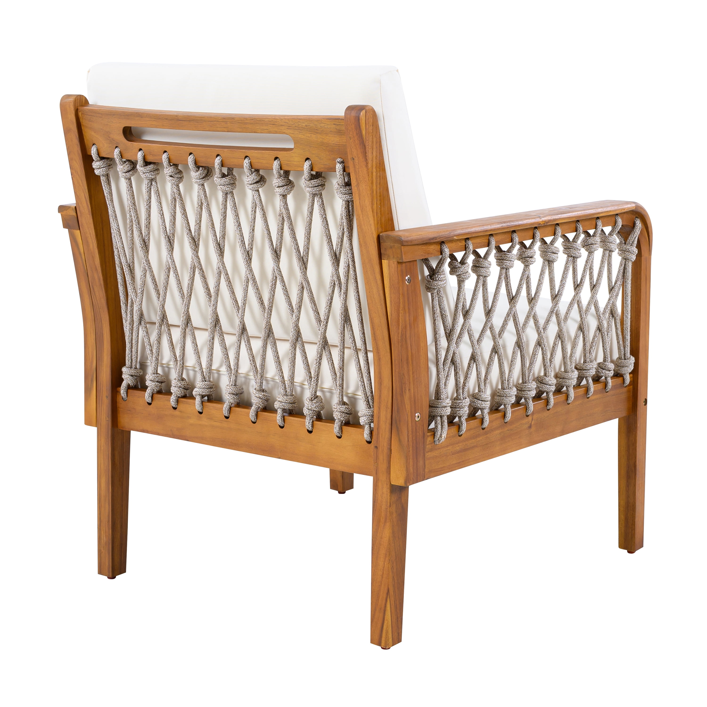Club Chair, Outdoor Acacia Wood Chair with Handwoven Rope for Patio Garden, Teak and Cream