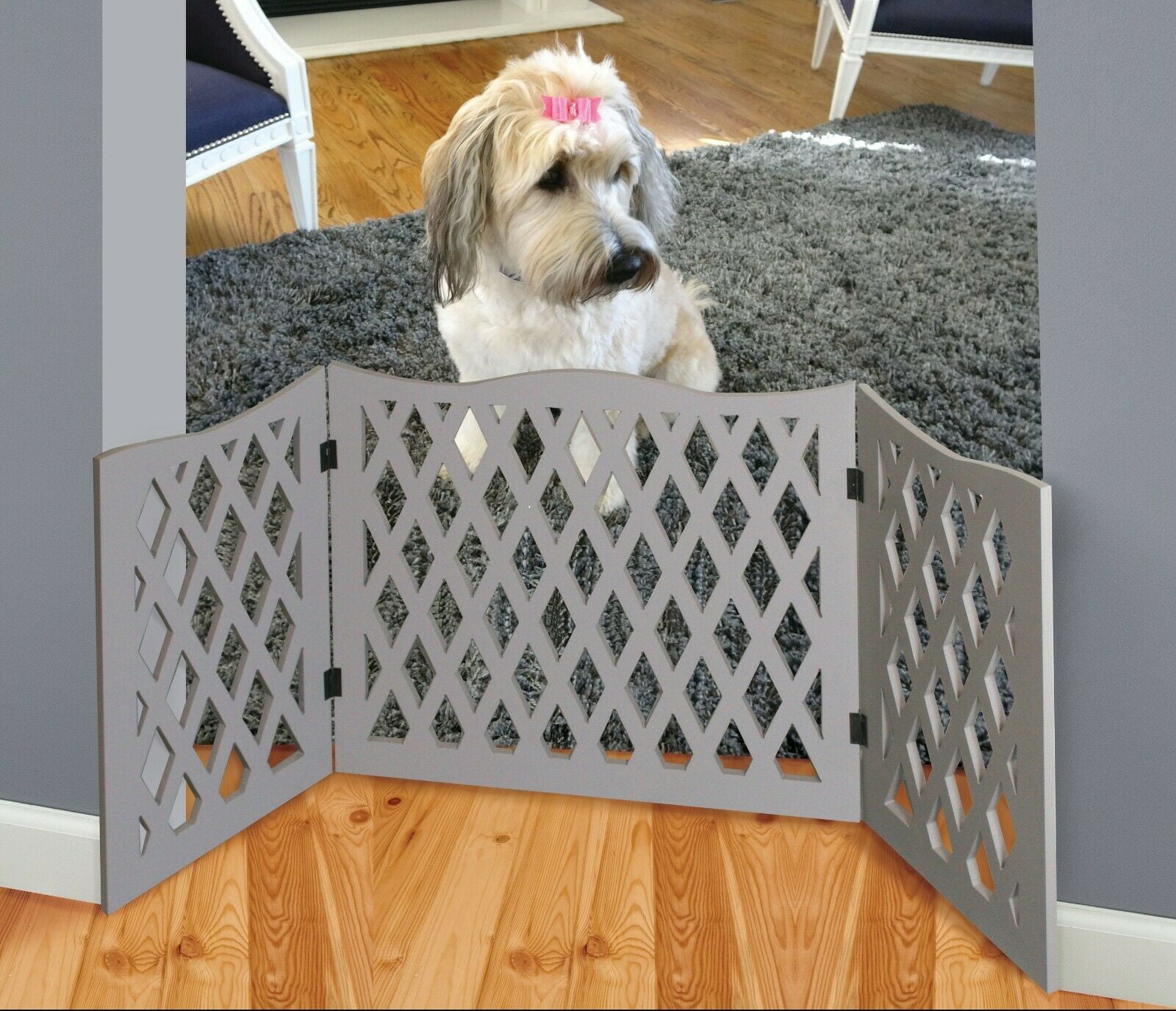 Gray 3-Panel Diamond Design Wood Pet Gate -Tri Fold Dog Safety Fence